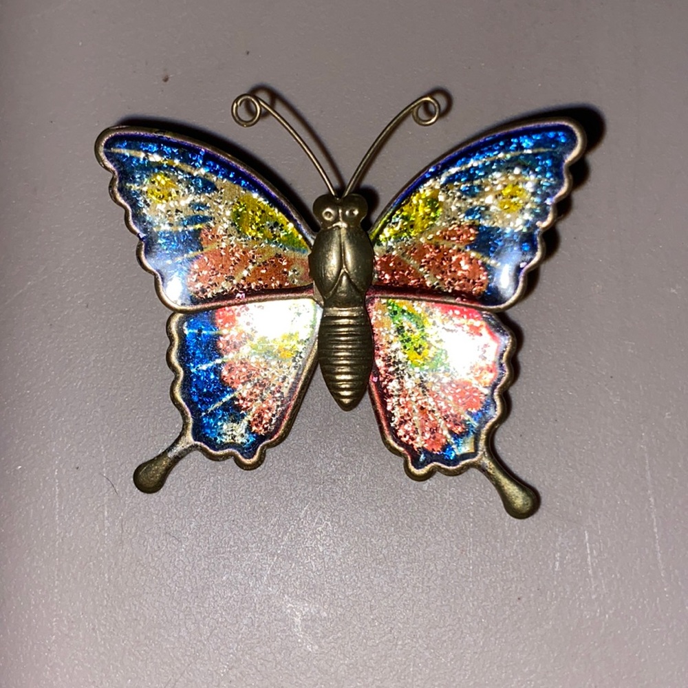 Vintage Golden Color Butterfly Lapel Pin with Sparkly Enameled Butterfly Wings